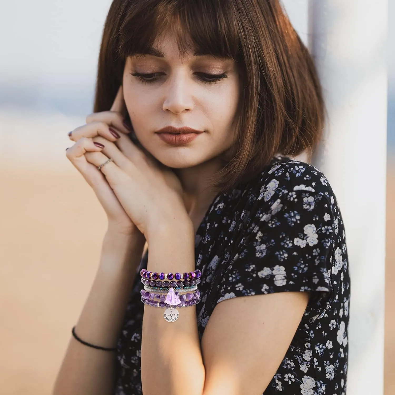 Bohemian Natural Stone Beaded Bracelets for Women Men Stackable Stretch Beads Bracelet Set with Charm and Tassel Multilayered Elastic Gemstone Bracelets Summer Beach Boho Jewelry Gift for Women