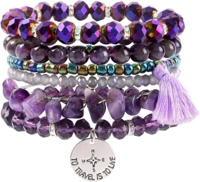 Bohemian Natural Stone Beaded Bracelets for Women Men Stackable Stretch Beads Bracelet Set with Charm and Tassel Multilayered Elastic Gemstone Bracelets Summer Beach Boho Jewelry Gift for Women