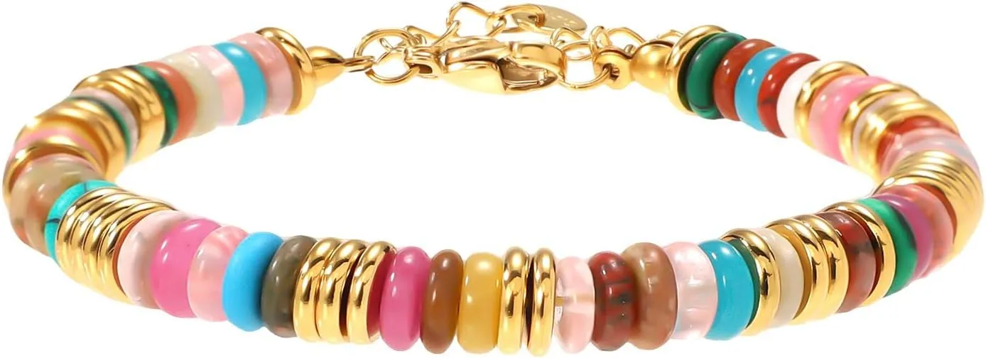 Bohemian Stack Bangle, Stackable Colorful Boho Bracelets Gemstone Beaded Bracelets Handmade Beach Jewelry Trendy Fashion Bracelets for Woman Birthday Gift Party Daily Wearing