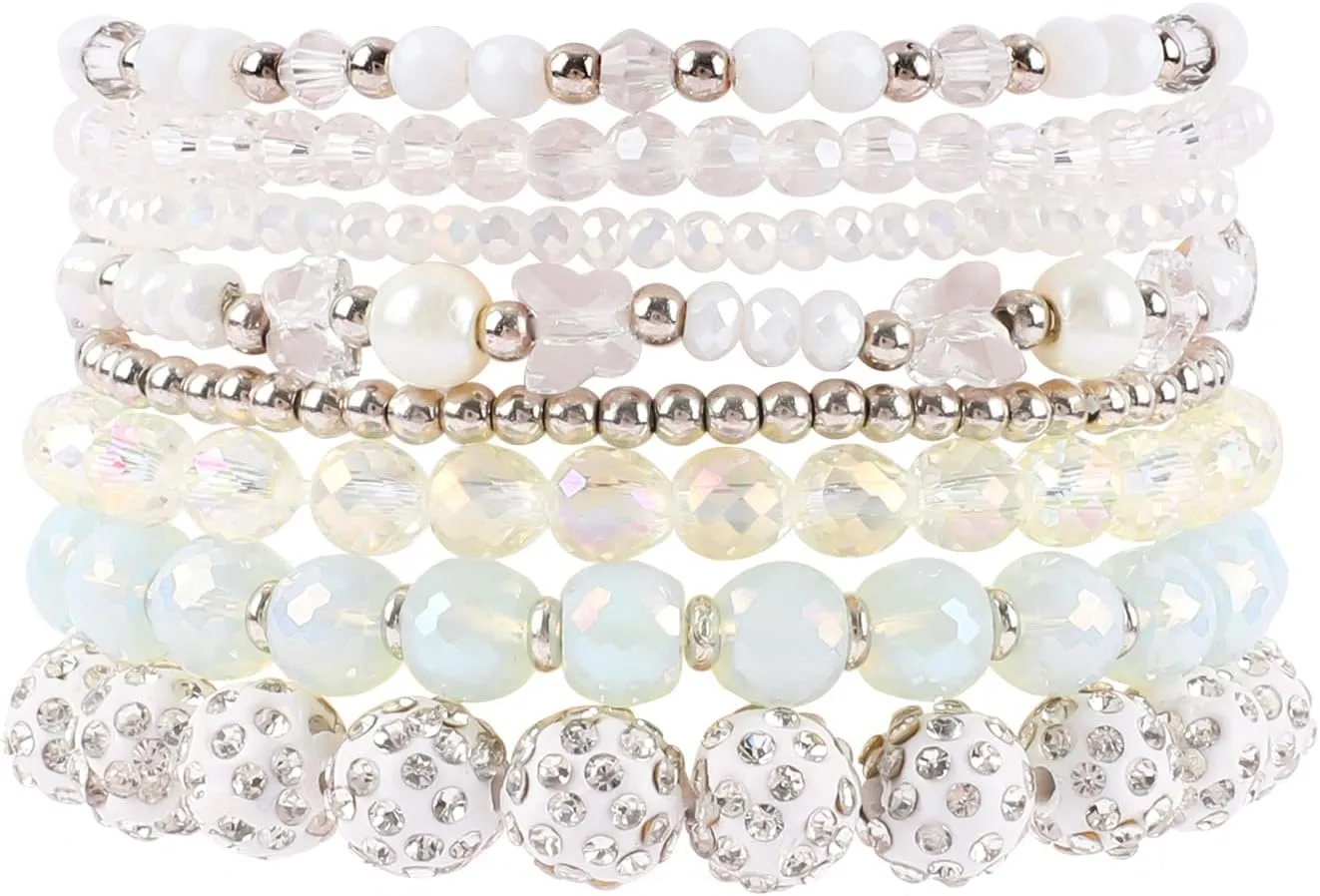 Bohemian White Beaded Bracelets for Women Multilayer Disco Ball Beads Stretch Bracelets Handmade Boho Stackable Glass Beads Shiny Statement Bracelet Set Fashion Jewelry Gifts for Women