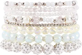Bohemian White Beaded Bracelets for Women Multilayer Disco Ball Beads Stretch Bracelets Handmade Boho Stackable Glass Beads Shiny Statement Bracelet Set Fashion Jewelry Gifts for Women