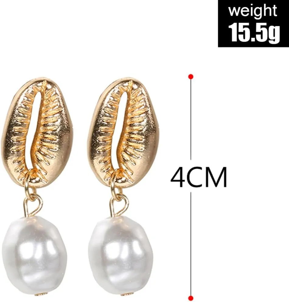 Boho Gold Pearl Shell Dangle Earrings for Women Trendy Seashell Bead Drop Earrings Minimalist Ocean Conch Earrings Beach Jewelry Gifts