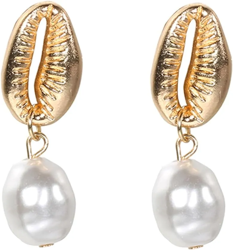 Boho Gold Pearl Shell Dangle Earrings for Women Trendy Seashell Bead Drop Earrings Minimalist Ocean Conch Earrings Beach Jewelry Gifts