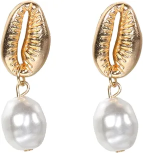 Boho Gold Pearl Shell Dangle Earrings for Women Trendy Seashell Bead Drop Earrings Minimalist Ocean Conch Earrings Beach Jewelry Gifts