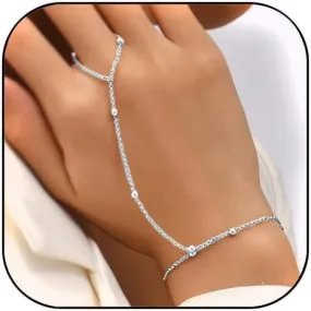 Boho Hand Chain Bracelet for Women Gold Finger Bracelets Ring Hand Chain Crystal Beaded Hand Chain Ring Bracelets for Women Jewelry Gifts