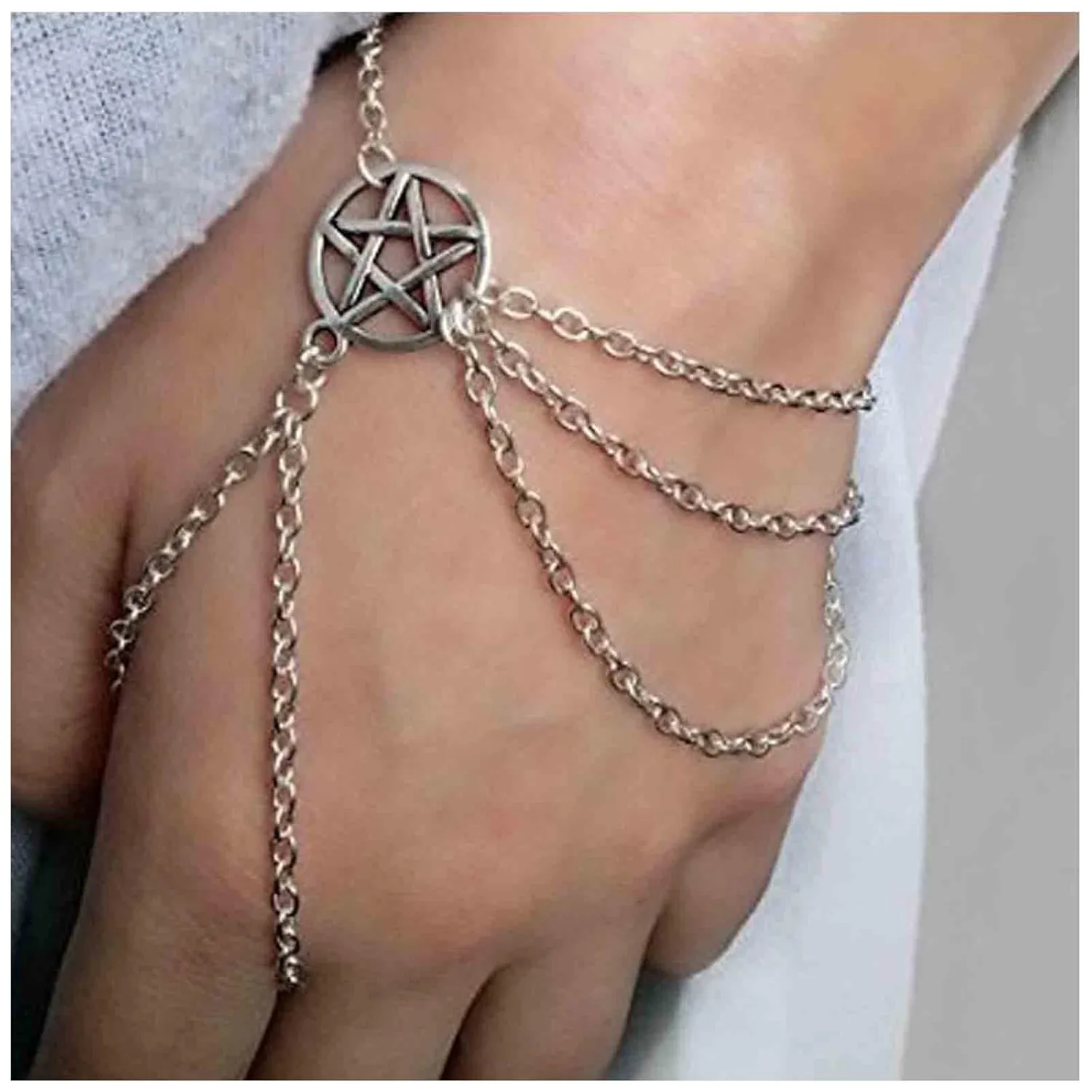 Boho Vintage Star Chain Bracelet Gold Circle Finger Bracelet Layering Ring Chain Wrist Bangle Hand Chain Jewelry for Women