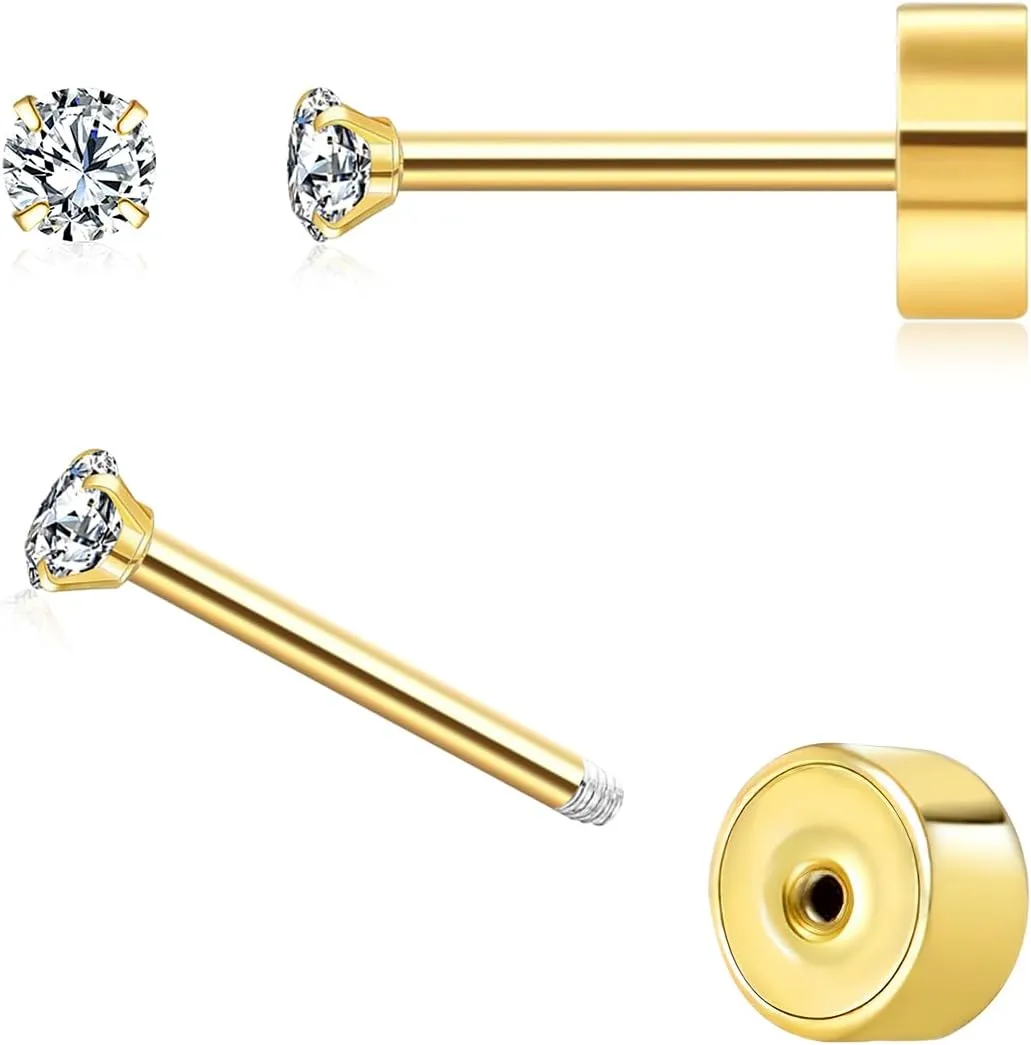 BOUTIQUELOVIN 14K Gold Studs Earrings for Women Men, Plated Surgical Stainless Steel Tiny Flat Back Earrings Cubic Zirconia Cartilage Earring Hypoallergenic Piercing Jewelry 2-4MM