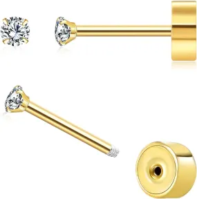 BOUTIQUELOVIN 14K Gold Studs Earrings for Women Men, Plated Surgical Stainless Steel Tiny Flat Back Earrings Cubic Zirconia Cartilage Earring Hypoallergenic Piercing Jewelry 2-4MM