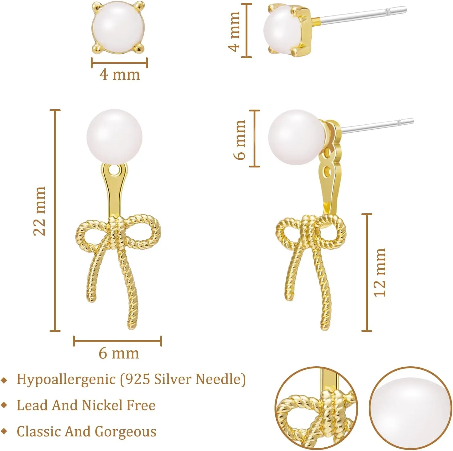 Bow Stud Pearl Earrings for Women: 14K Gold Pearl Stud Earrings Set - Dainty Cute Bow Earrings for Women Trendy Dangling - Unique Cubic Zirconia Flower Heart Teardrop Earring Gold Pearl Jewelry Gifts