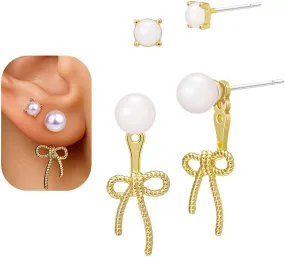 Bow Stud Pearl Earrings for Women: 14K Gold Pearl Stud Earrings Set - Dainty Cute Bow Earrings for Women Trendy Dangling - Unique Cubic Zirconia Flower Heart Teardrop Earring Gold Pearl Jewelry Gifts