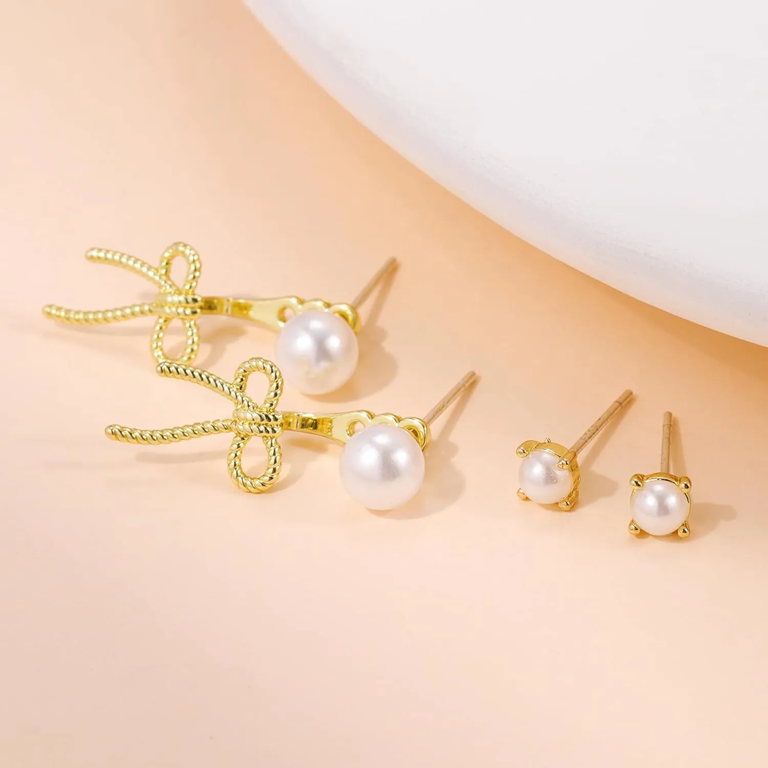 Bow Stud Pearl Earrings for Women: 14K Gold Pearl Stud Earrings Set - Dainty Cute Bow Earrings for Women Trendy Dangling - Unique Cubic Zirconia Flower Heart Teardrop Earring Gold Pearl Jewelry Gifts