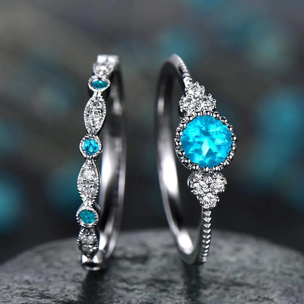 Bridal Ring Sets Silver Ring Band Round Cut Cubic Zirconia Wedding Band CZ Engagement Stackable Rings for Women