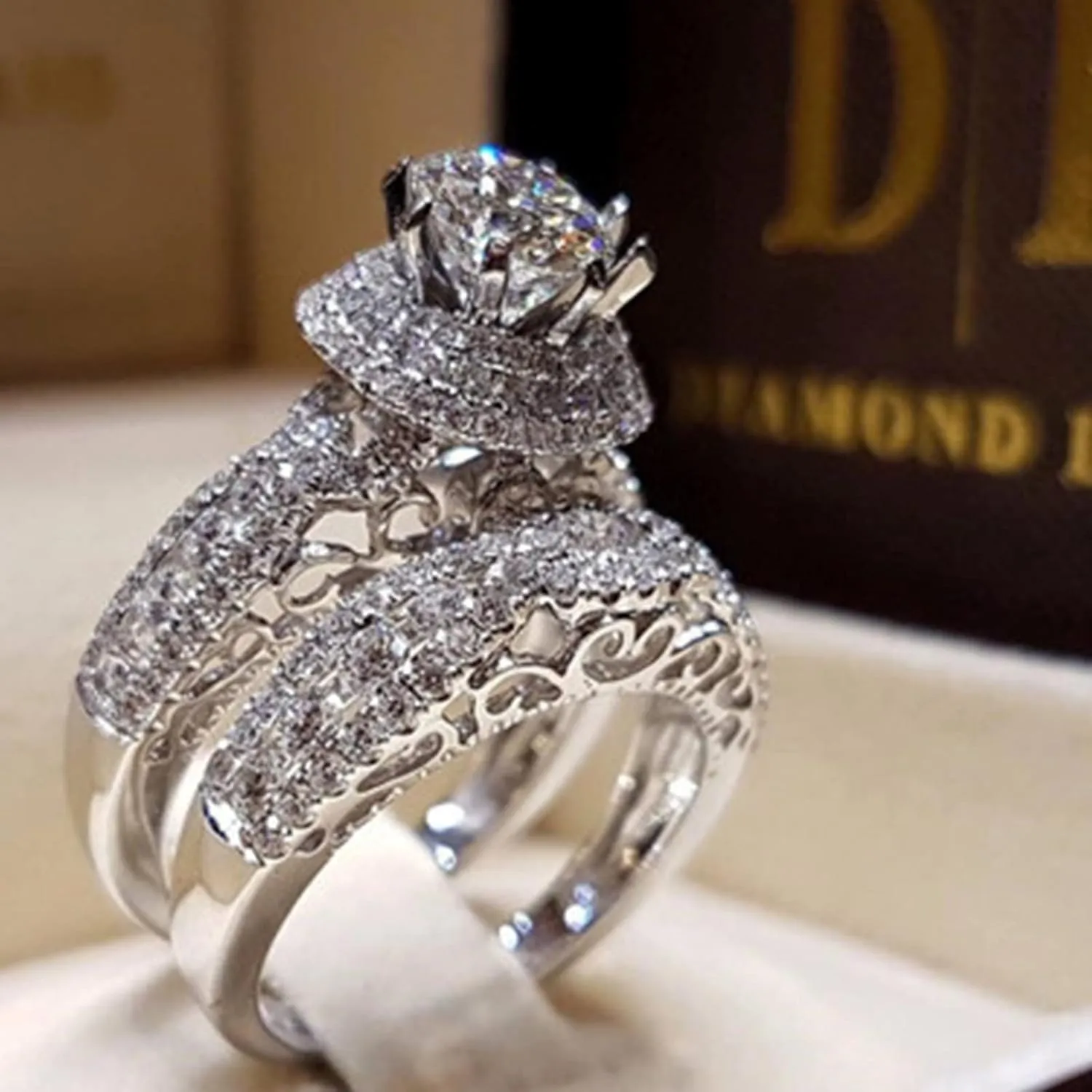 Bridal Set Engagement Ring for Women 925 Silver Solitaire Cubic Zirconia Exquisite Diamond Round Cut Wedding Ring