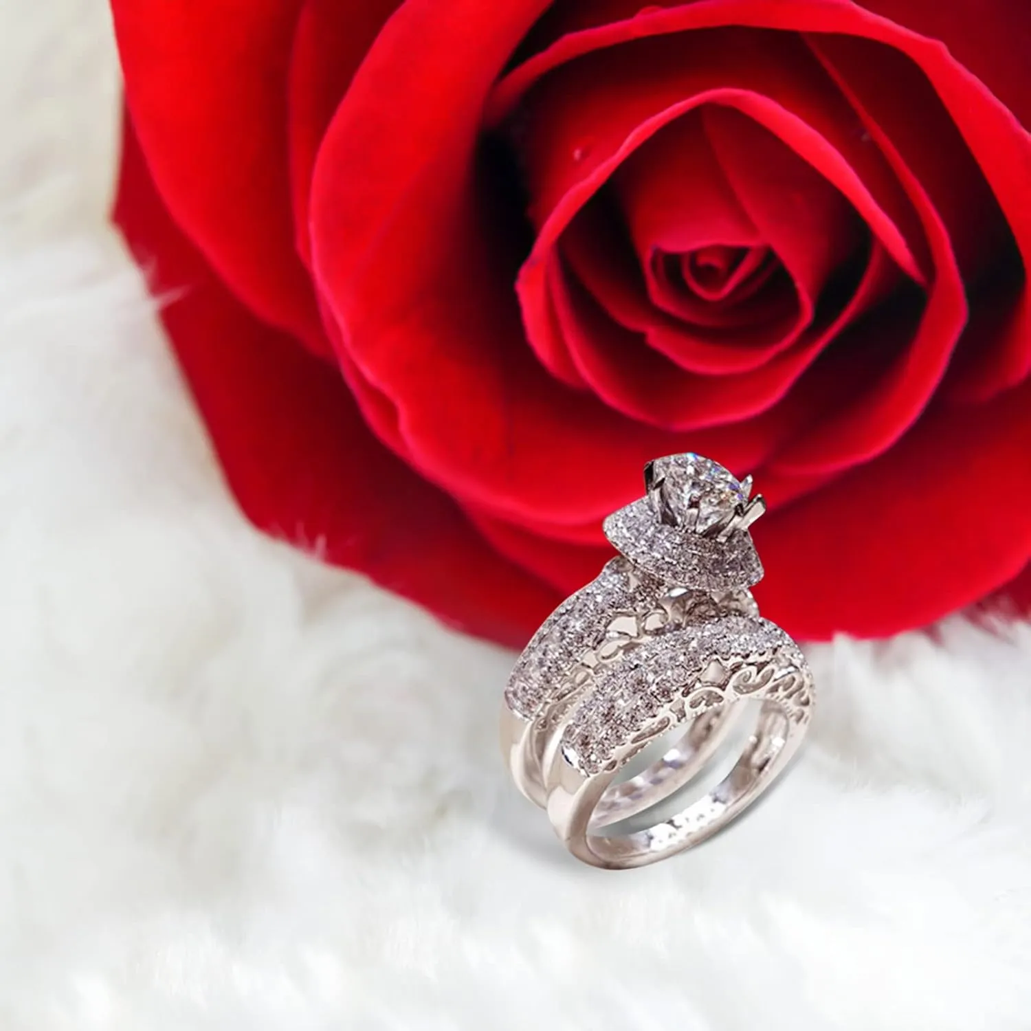 Bridal Set Engagement Ring for Women 925 Silver Solitaire Cubic Zirconia Exquisite Diamond Round Cut Wedding Ring