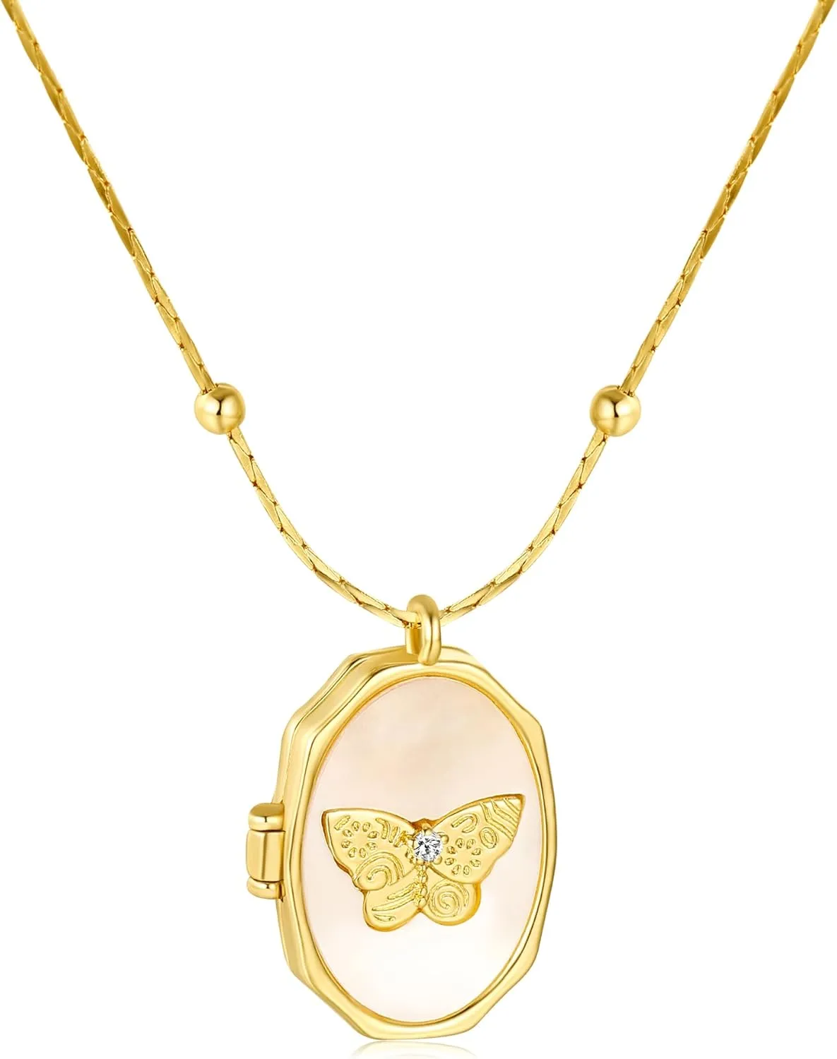 Butterfly Locket Necklace for Women 14k Gold Butterfly Shell Locket Charm Necklace