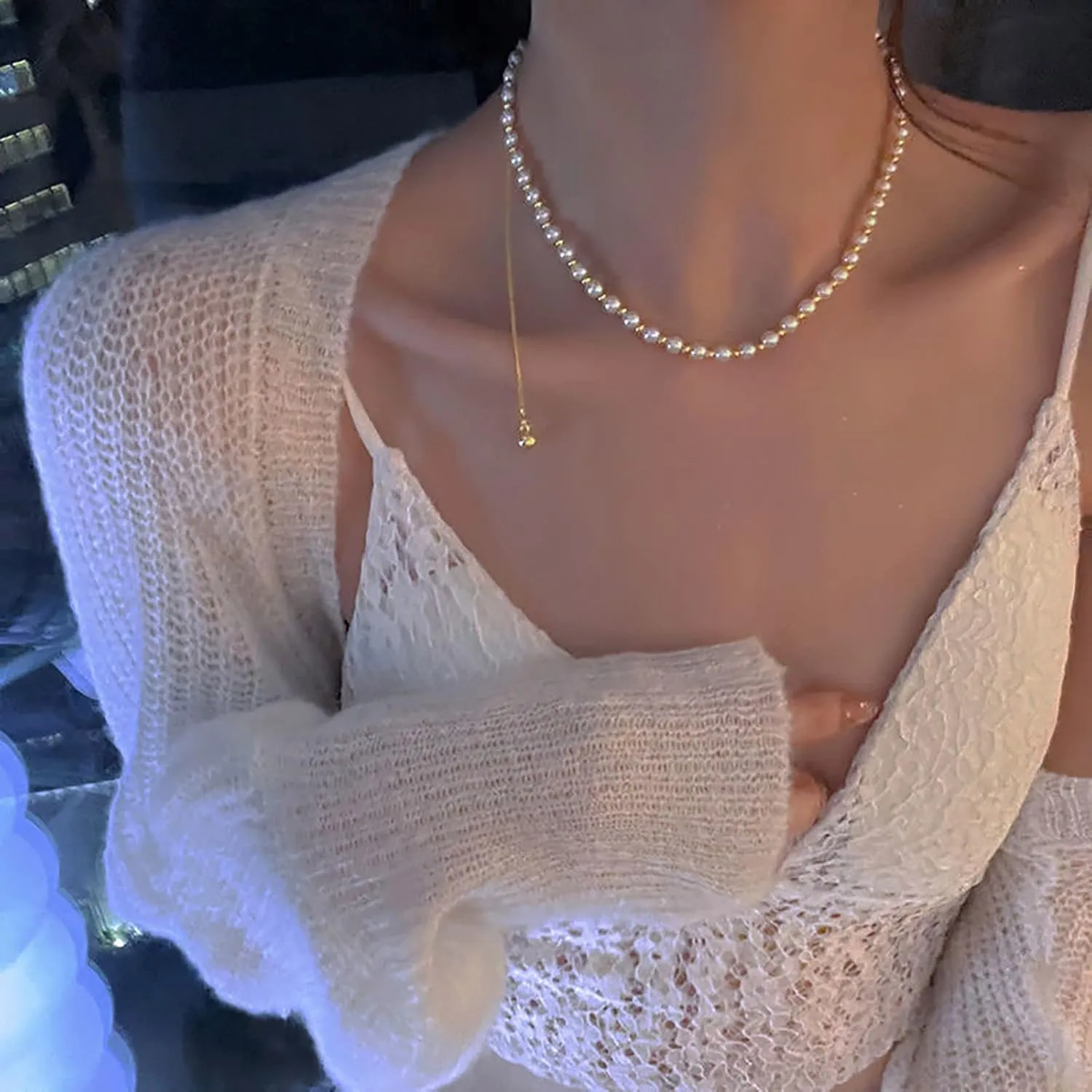 Butterfly Pearl Pendant Necklaces for Women Tassels Cubic Zirconia Clavicle Chain Dainty Wedding Necklaces Lady (Gold, One Size)