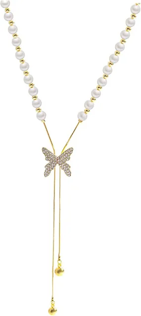 Butterfly Pearl Pendant Necklaces for Women Tassels Cubic Zirconia Clavicle Chain Dainty Wedding Necklaces Lady (Gold, One Size)