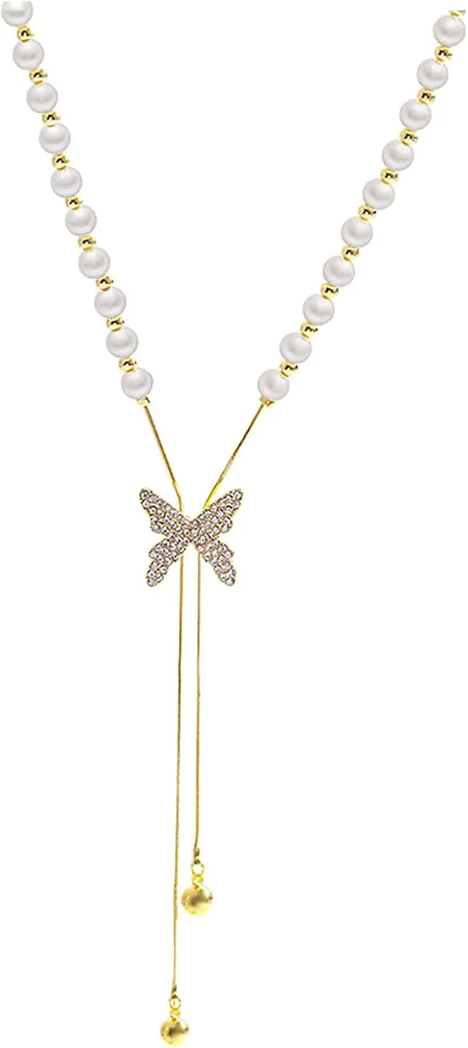 Butterfly Pearl Pendant Necklaces for Women Tassels Cubic Zirconia Clavicle Chain Dainty Wedding Necklaces Lady (Gold, One Size)