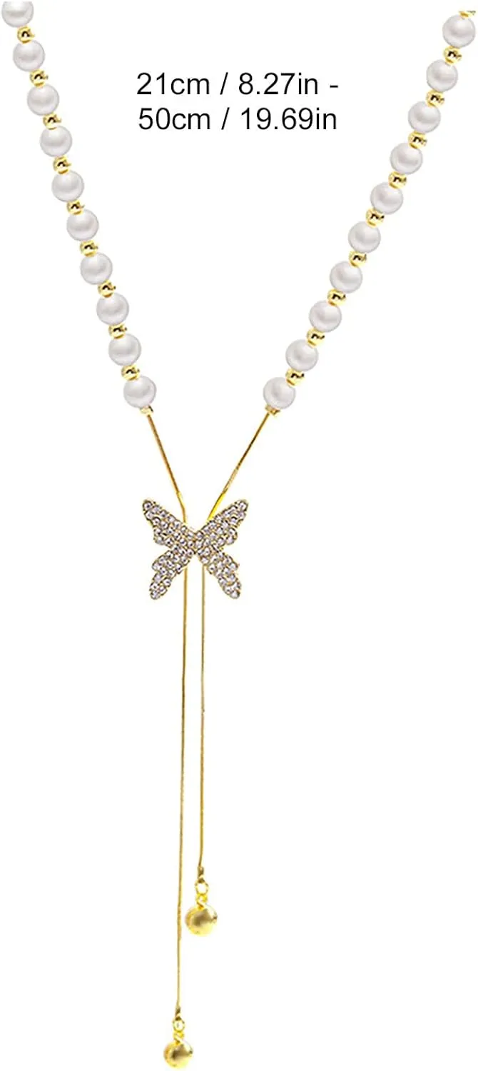 Butterfly Pearl Pendant Necklaces for Women Tassels Cubic Zirconia Clavicle Chain Dainty Wedding Necklaces Lady (Gold, One Size)