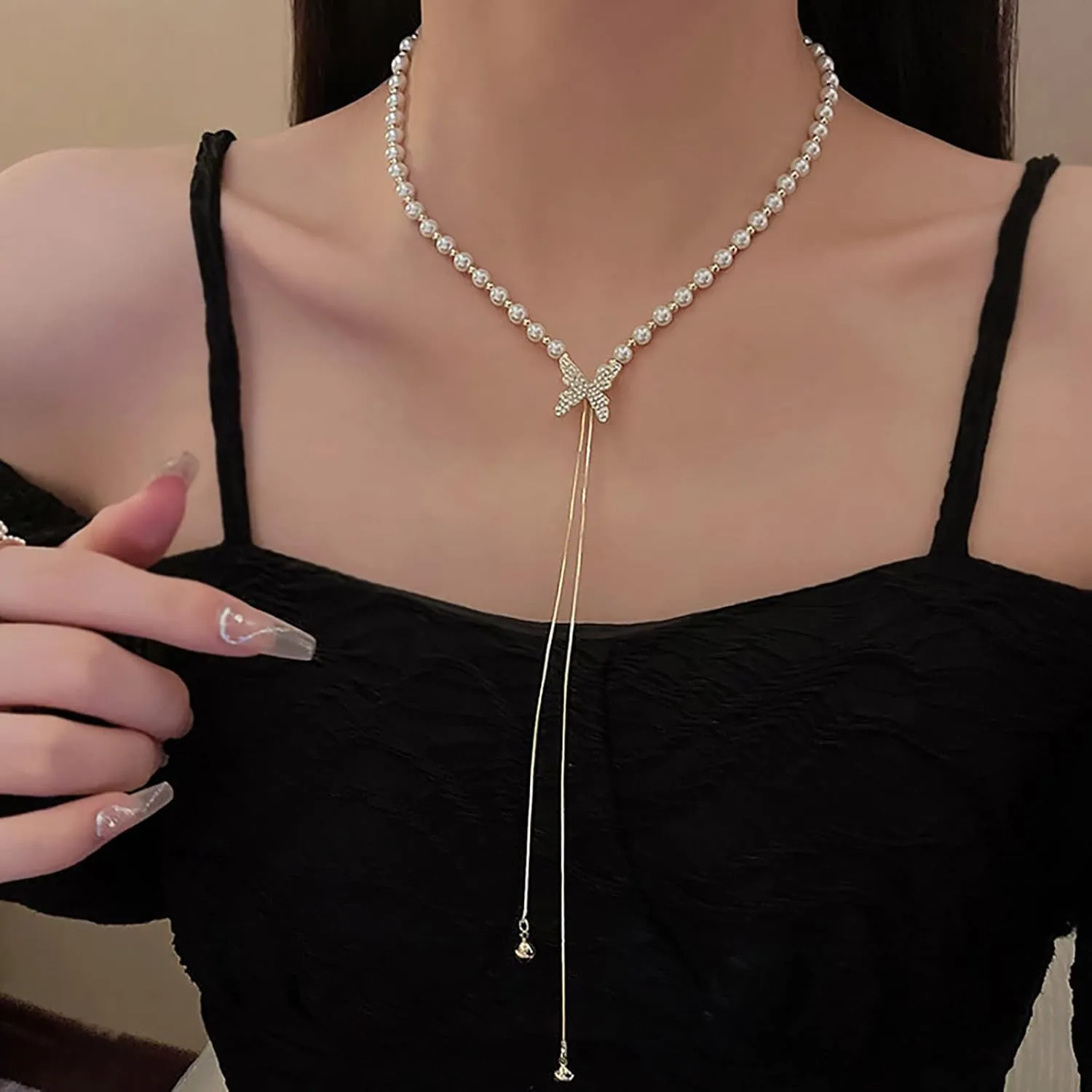 Butterfly Pearl Pendant Necklaces for Women Tassels Cubic Zirconia Clavicle Chain Dainty Wedding Necklaces Lady (Gold, One Size)