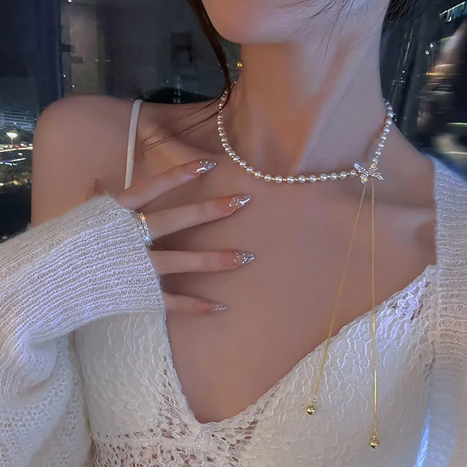 Butterfly Pearl Pendant Necklaces for Women Tassels Cubic Zirconia Clavicle Chain Dainty Wedding Necklaces Lady (Gold, One Size)