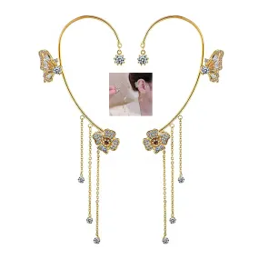 Butterfly Tassel Style Zircon Earrings Non Piercing,Butterfly Ear Cuff Tassel Earrings for Women,14K Gold Plated Shiny Zircon Butterfly Flowers Ear Clips Wrap Earrings (Gold)