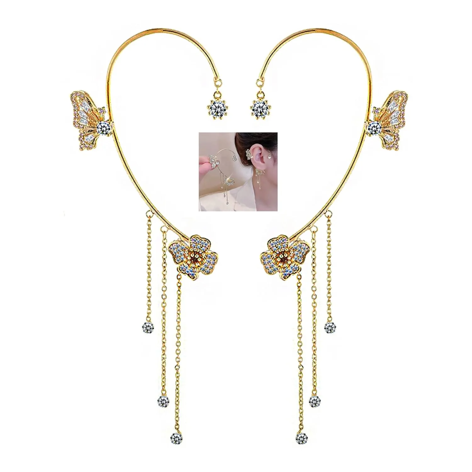 Butterfly Tassel Style Zircon Earrings Non Piercing,Butterfly Ear Cuff Tassel Earrings for Women,14K Gold Plated Shiny Zircon Butterfly Flowers Ear Clips Wrap Earrings (Gold)