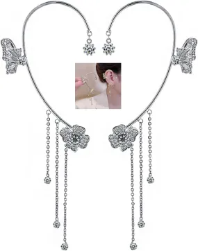 Butterfly Tassel Zircon Earrings,Butterfly Flowers no Piercing Ear Clips for Women Long Chain Crystal Butterfly Ear Cuff Earrings