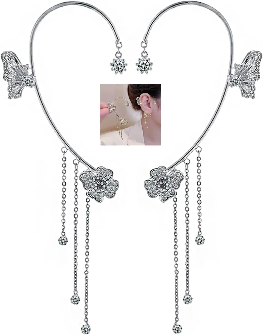 Butterfly Tassel Zircon Earrings,Butterfly Flowers no Piercing Ear Clips for Women Long Chain Crystal Butterfly Ear Cuff Earrings