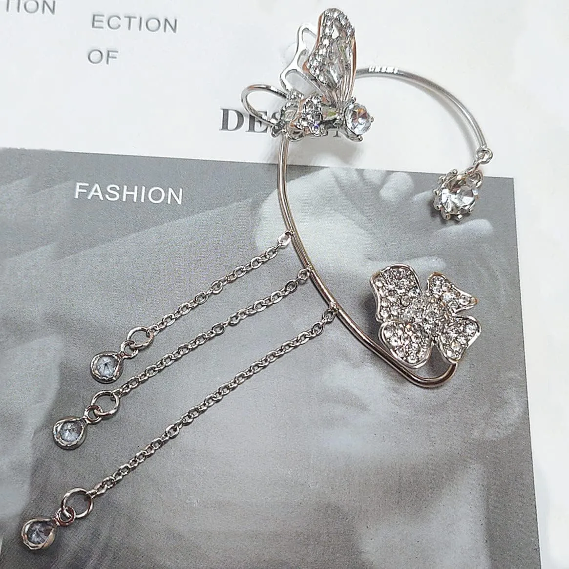 Butterfly Tassel Zircon Earrings,Butterfly Flowers no Piercing Ear Clips for Women Long Chain Crystal Butterfly Ear Cuff Earrings