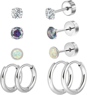 CANDYFANCY 5 Pairs Titanium Earrings for Women Men 20G Flat Back Stud Huggie Hoop Earring Set AB Cubic Zircon Opal Ball Stud Earrings for Hypoallergenic Cartilage Helix Lobe Piercing