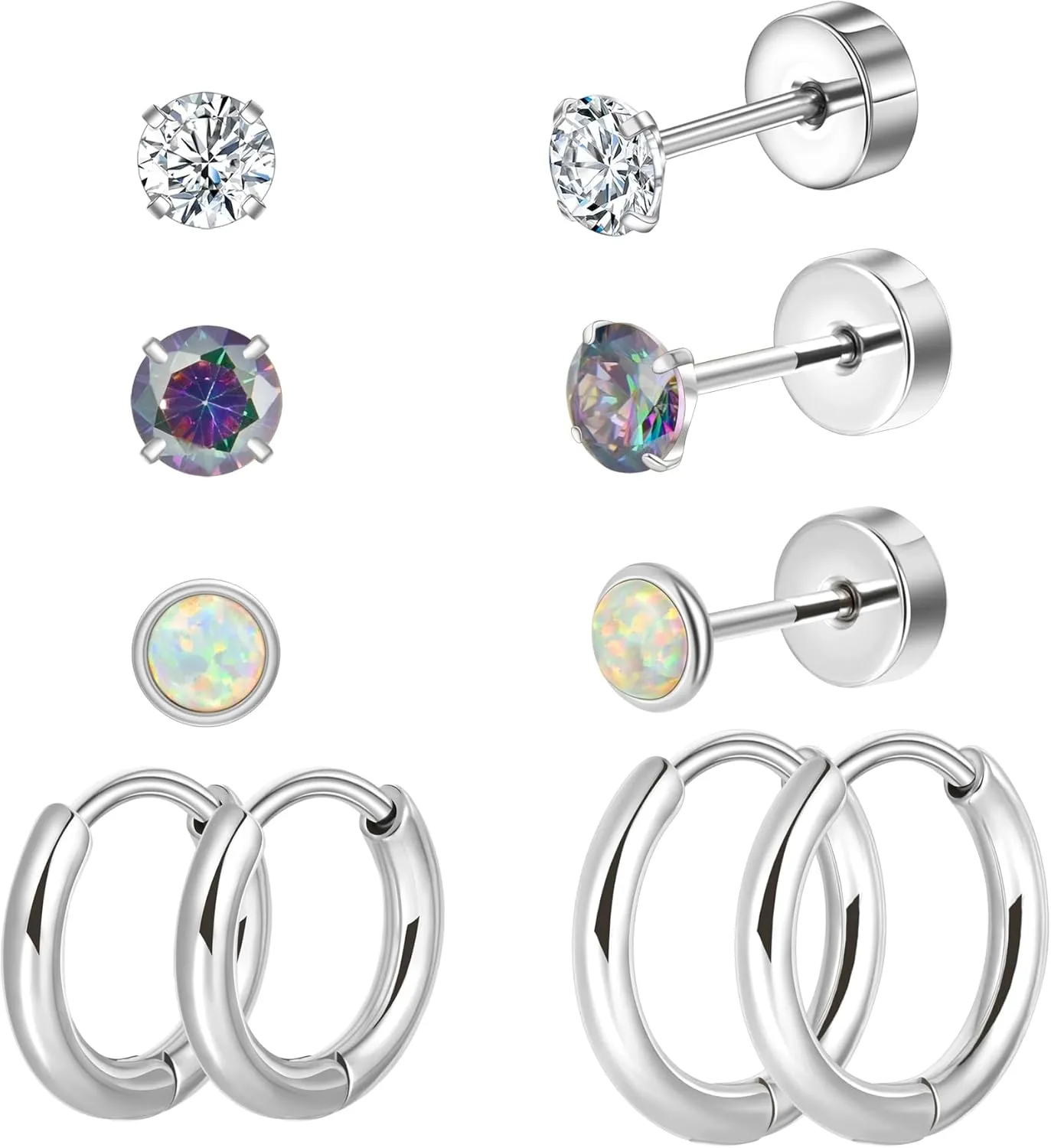 CANDYFANCY 5 Pairs Titanium Earrings for Women Men 20G Flat Back Stud Huggie Hoop Earring Set AB Cubic Zircon Opal Ball Stud Earrings for Hypoallergenic Cartilage Helix Lobe Piercing