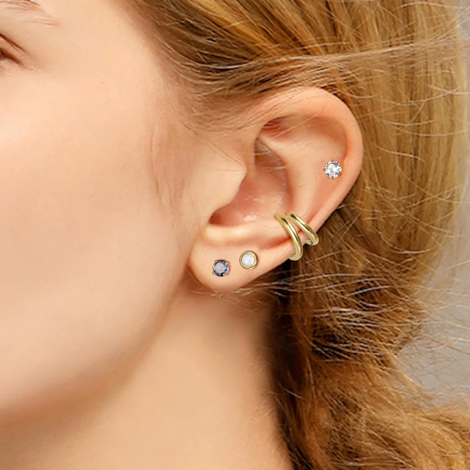 CANDYFANCY 5 Pairs Titanium Earrings for Women Men 20G Flat Back Stud Huggie Hoop Earring Set AB Cubic Zircon Opal Ball Stud Earrings for Hypoallergenic Cartilage Helix Lobe Piercing