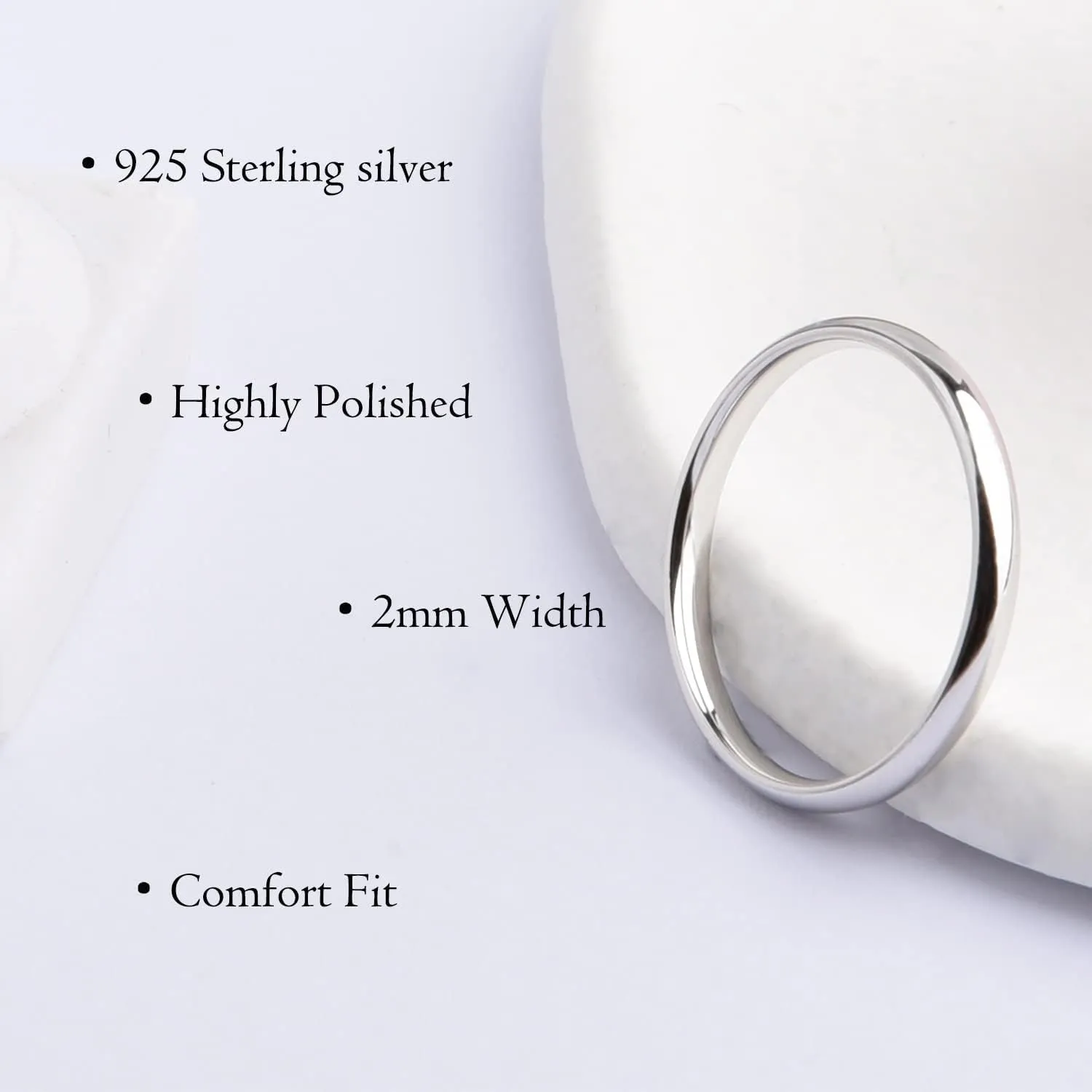 CANDYFANCY 925 Silver Pinky Ring 2mm High Polish Plain Dome Comfort Fit Classic Minimalist Ring For Women Size 2-4.5