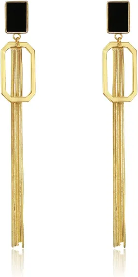Chic Gold Long Tassel Dangle Drop Earrings Unique Fashion Geometric Black Square Metal Chain Earrings Statement Jewelry for Woman Girls