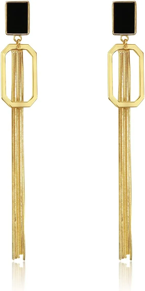 Chic Gold Long Tassel Dangle Drop Earrings Unique Fashion Geometric Black Square Metal Chain Earrings Statement Jewelry for Woman Girls
