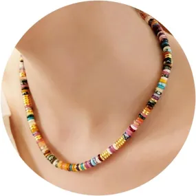 Choker Necklace for Women Beaded Necklace Gifts for Teenage Summer Beach Multicolor Natural Stone Gemstone 14K Gold Plated Adjustable Trendy Christmas Jewelry