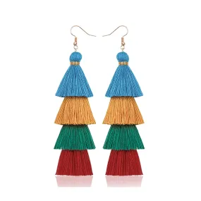 Christmas Stocking Stuffer Green Tassel Earrings Handmade Tiered Thread Tassel Dangle Earrings,Colorful Layered Tassel Earrings Christmas Halloween Mother's Day Gifts (Christmas Tree)