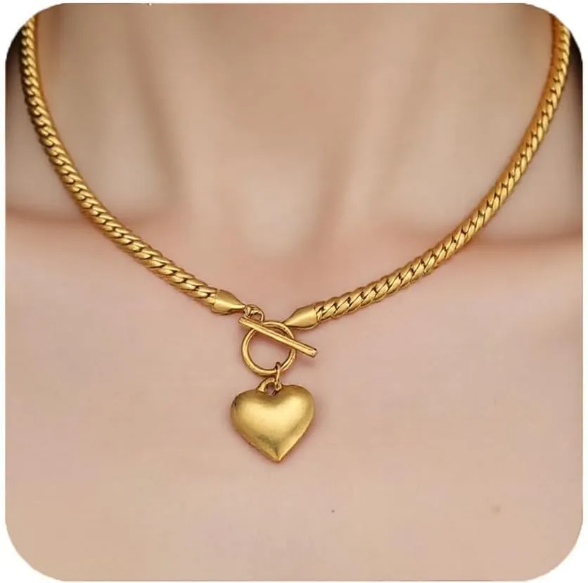 Chunky Choker Necklaces for Women,18K Gold Plated Big Heart Pendant Toggle Necklace Cuban Chain Necklace Heart Pendant Necklace Trendy Jewelry Gifts