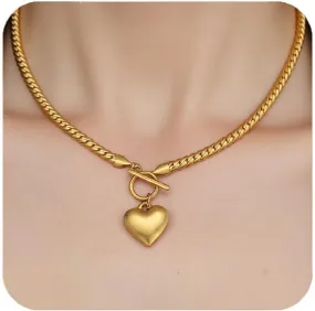 Chunky Choker Necklaces for Women,18K Gold Plated Big Heart Pendant Toggle Necklace Cuban Chain Necklace Heart Pendant Necklace Trendy Jewelry Gifts