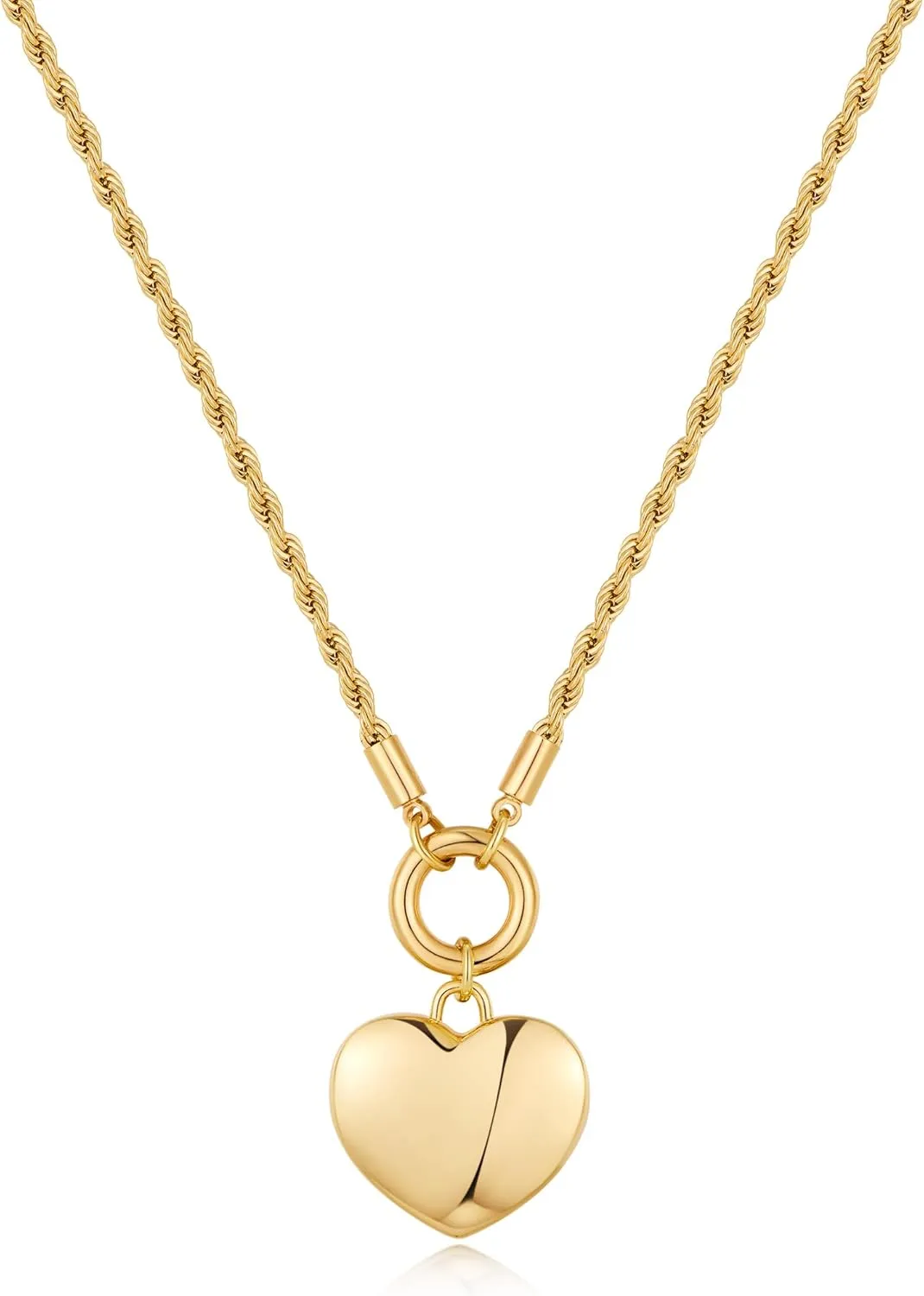Chunky Gold Chain Necklace for Women, 14k Gold Plated Cubic Zirconia Heart Chain Necklace Cuban Link Toggle Circle Coin Pendant Necklace Trendy