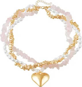 Chunky Gold Heart Charm Necklace for Women Pink Rose Quartz Statement Necklace Boho Layering Necklaces for Women Trendy Mcbling Chrome Coquette Preppy Heart Pearl Choker Necklace Y2k Chain