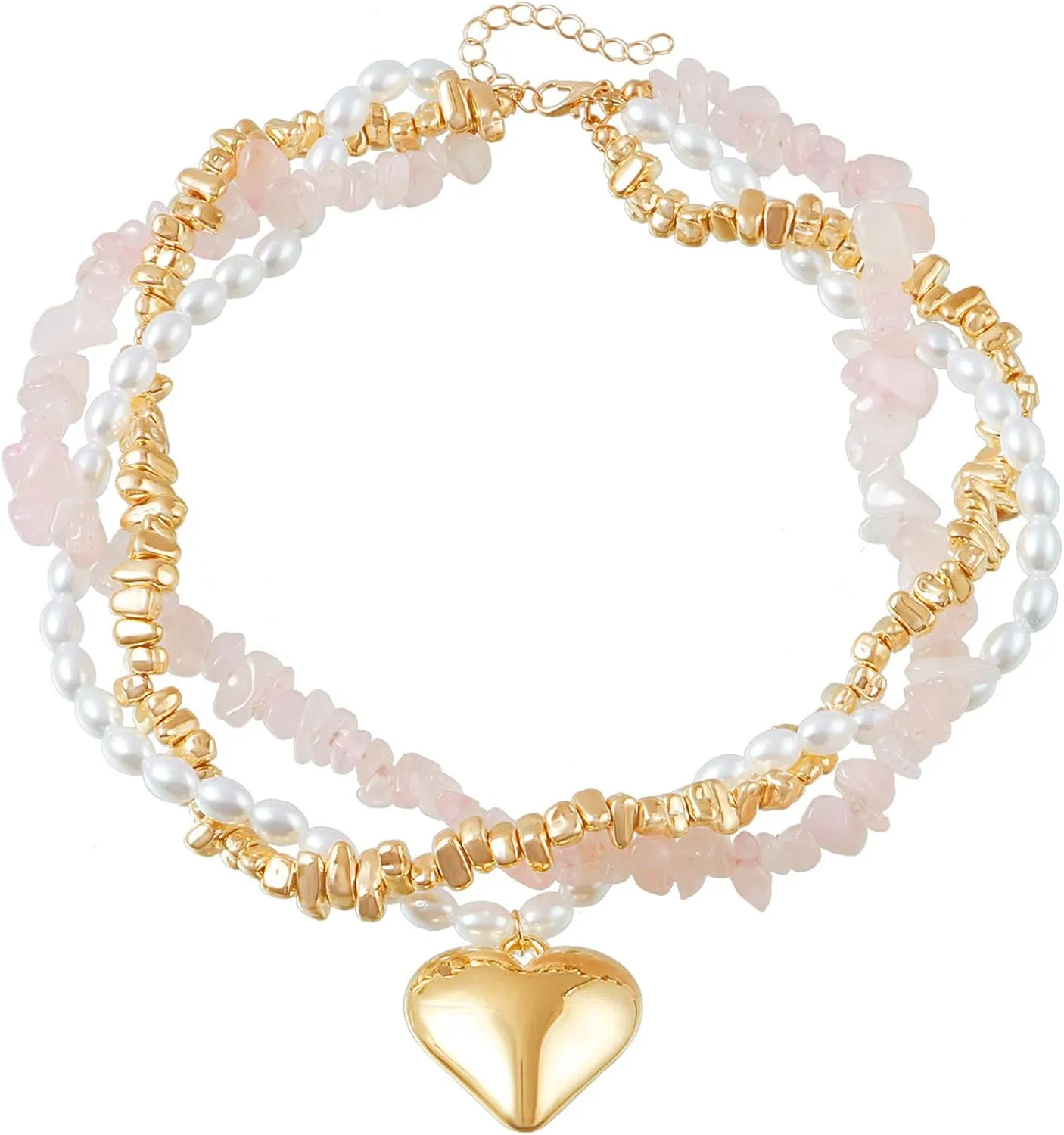 Chunky Gold Heart Charm Necklace for Women Pink Rose Quartz Statement Necklace Boho Layering Necklaces for Women Trendy Mcbling Chrome Coquette Preppy Heart Pearl Choker Necklace Y2k Chain
