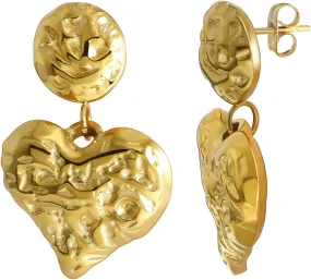 Chunky Gold Heart Dangling Stud Earrings for Women, 18K Gold Plated Large Big Statement Hammered Dangle Earrings Trendy Piercing Jewelry