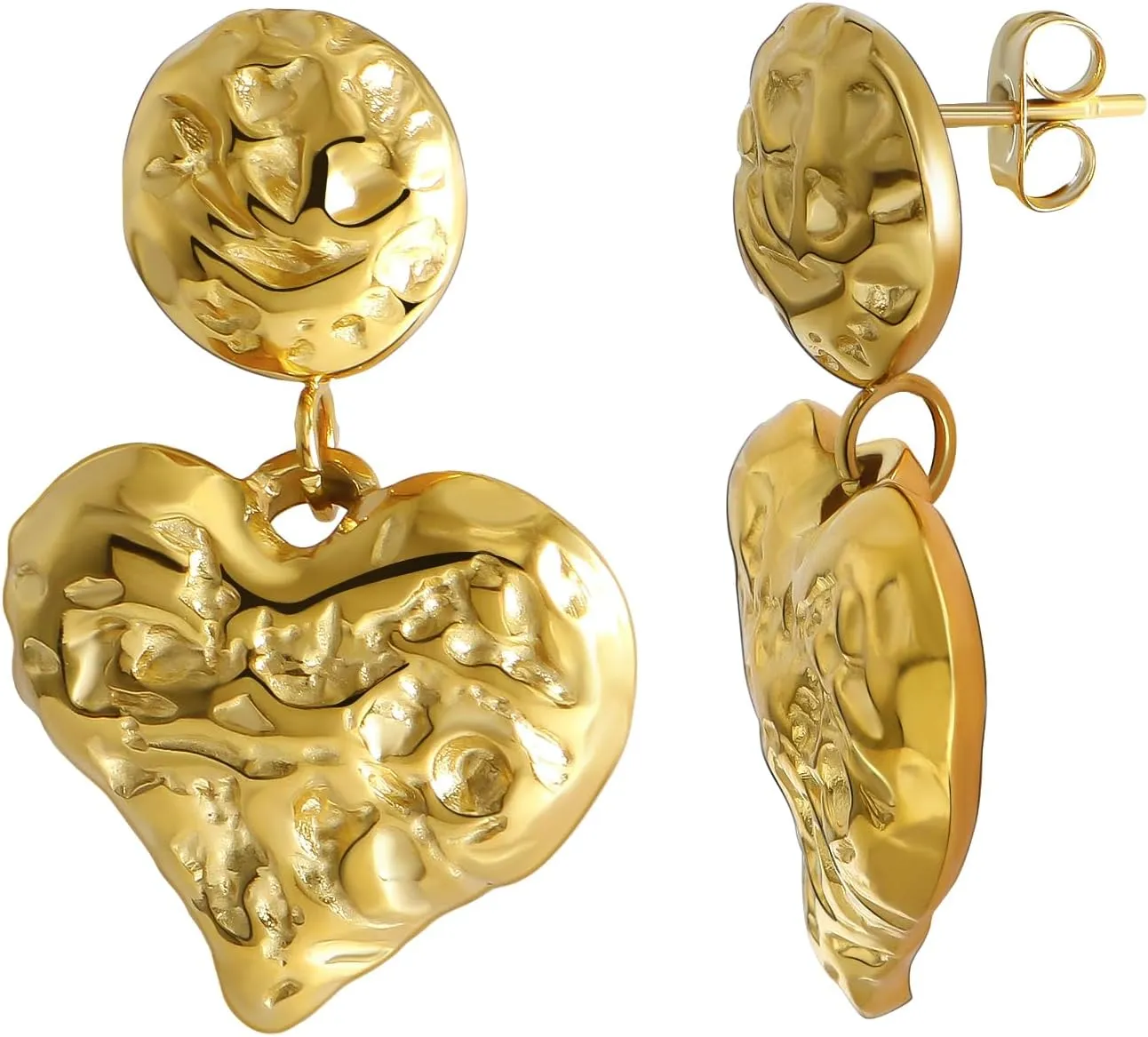 Chunky Gold Heart Dangling Stud Earrings for Women, 18K Gold Plated Large Big Statement Hammered Dangle Earrings Trendy Piercing Jewelry
