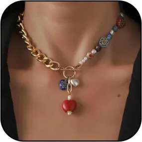 Chunky Heart Necklace for Women Elegant Pearl Clavicle Necklace Cuban Chain Choke Necklace Boho Trendy Dainty Cute Heart Choker Necklace