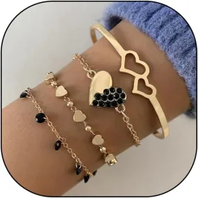 Chunky Layered Gold Heart Bracelet Set for Women Stackable Love Open Cuff Bangles Fashion Zircon Chain Bracelets Jewelry Accessories