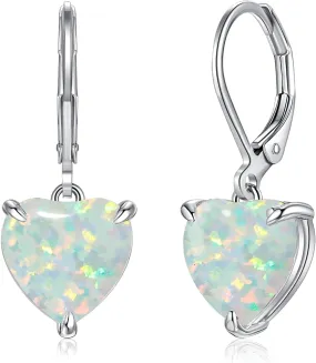 CiNily Heart Opal Earrings Leverback Drop Earrings for Women Hypoallergenic, Pendant Earrings 14K White Gold/Rose Gold Dangle Earrings Opal Hoops Birthday Wedding Mothers Day Jewelry Gifts