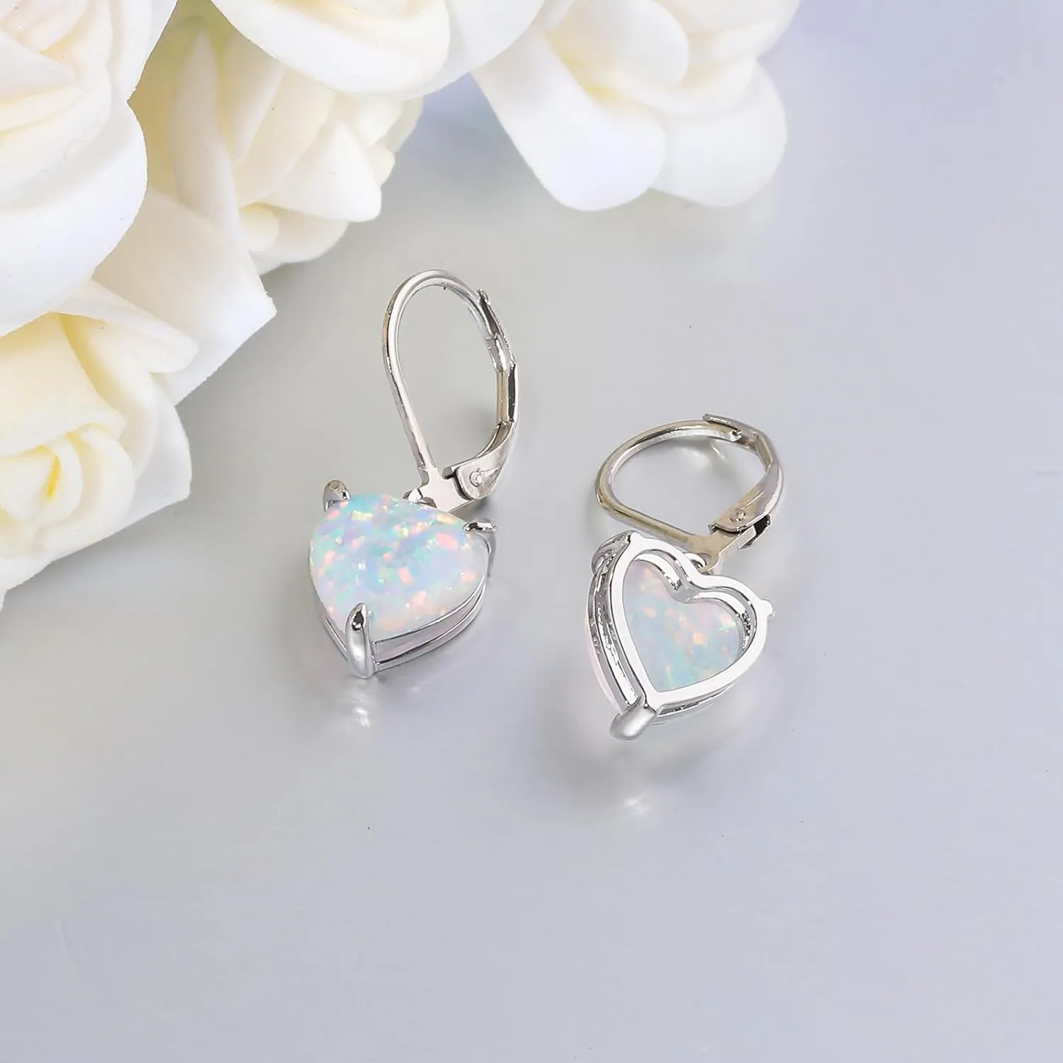 CiNily Heart Opal Earrings Leverback Drop Earrings for Women Hypoallergenic, Pendant Earrings 14K White Gold/Rose Gold Dangle Earrings Opal Hoops Birthday Wedding Mothers Day Jewelry Gifts