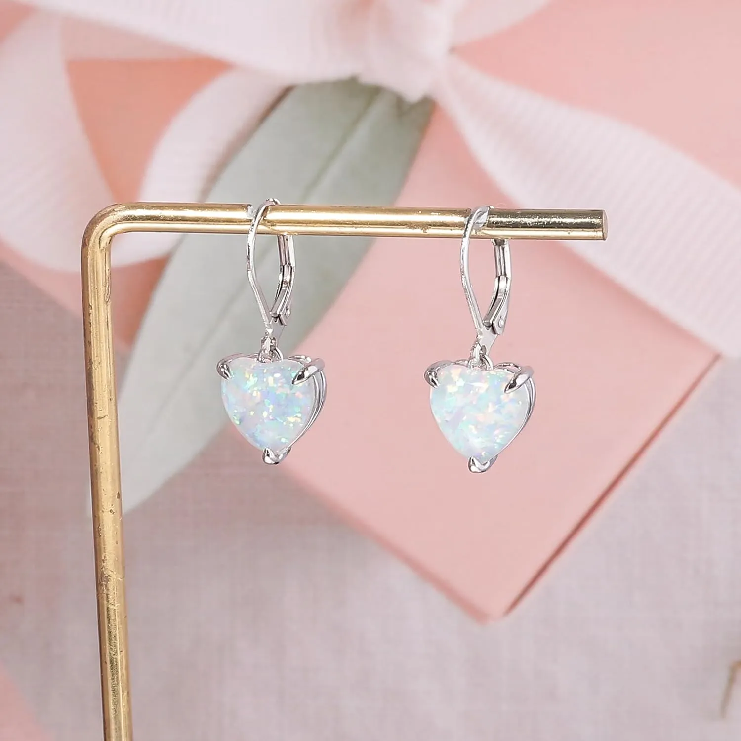 CiNily Heart Opal Earrings Leverback Drop Earrings for Women Hypoallergenic, Pendant Earrings 14K White Gold/Rose Gold Dangle Earrings Opal Hoops Birthday Wedding Mothers Day Jewelry Gifts